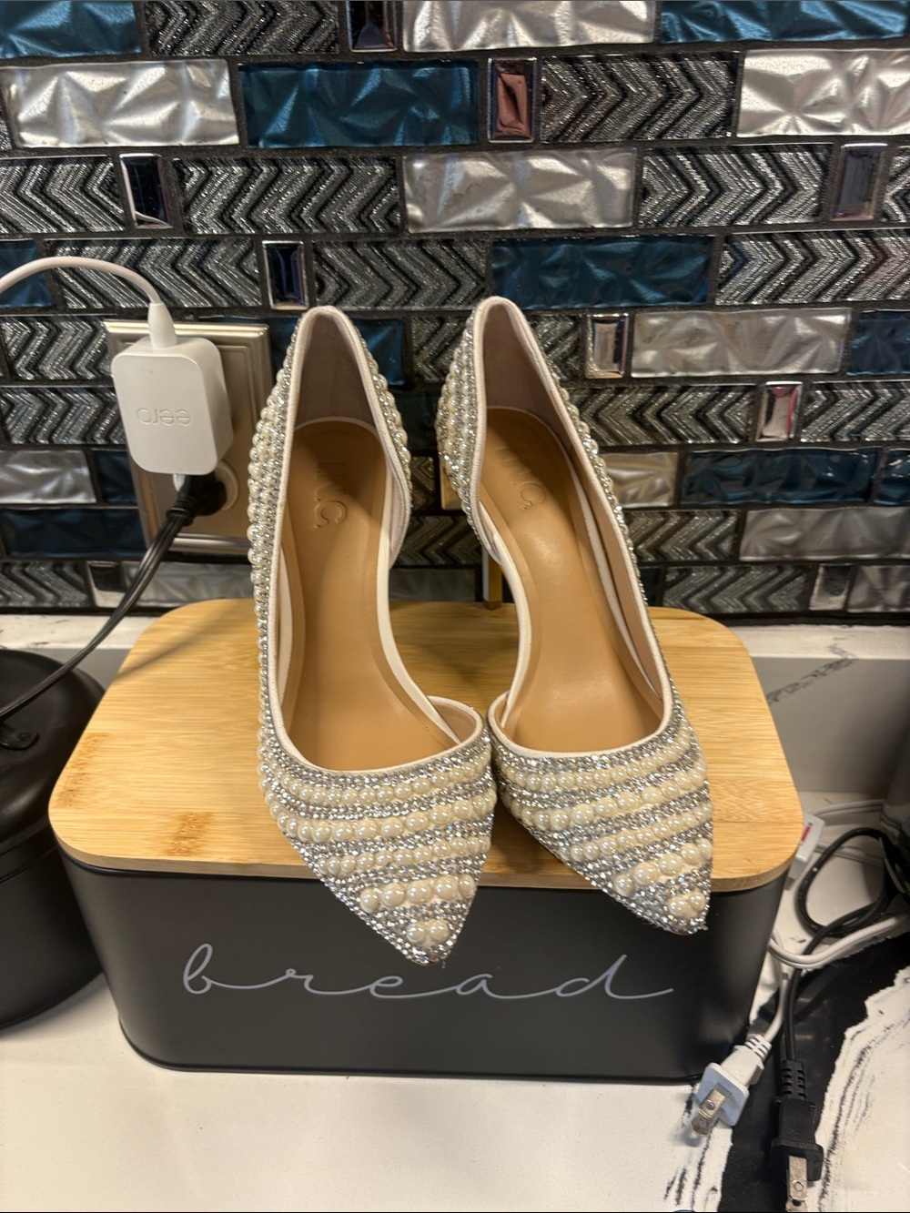 INC International Concepts Ivory Pearl & Crystal Pointed-Toe Slingback Pumps